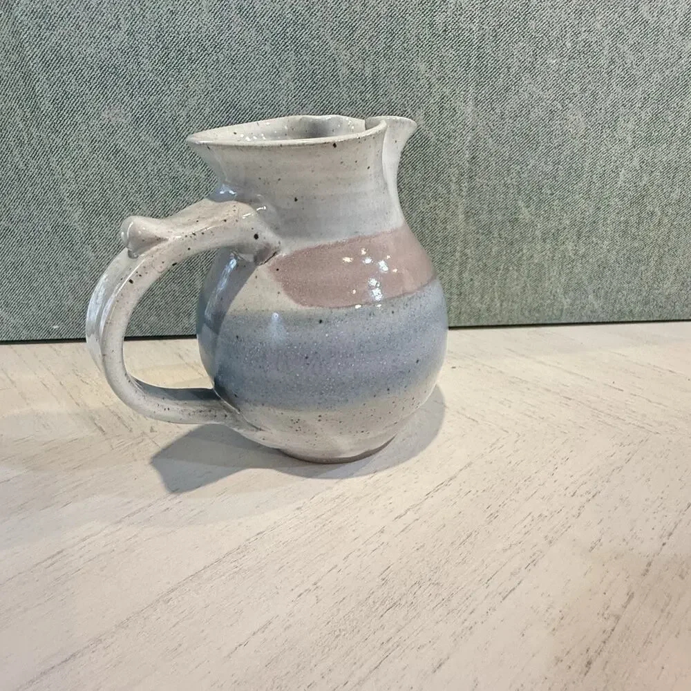 VTG Alewine Pottery Hand Thrown Glazed Pitcher Creamer 5.5” Pastel Pink Blue EUC